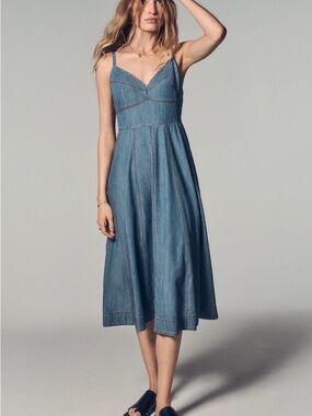 Dkny Light Blue Denim Midi Dress with Spaghetti Straps